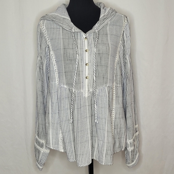 Free People Hooded Babydoll-Inspired Billowy Long Sleeve Blouse Top Tunic- Sz S - Picture 1 of 13
